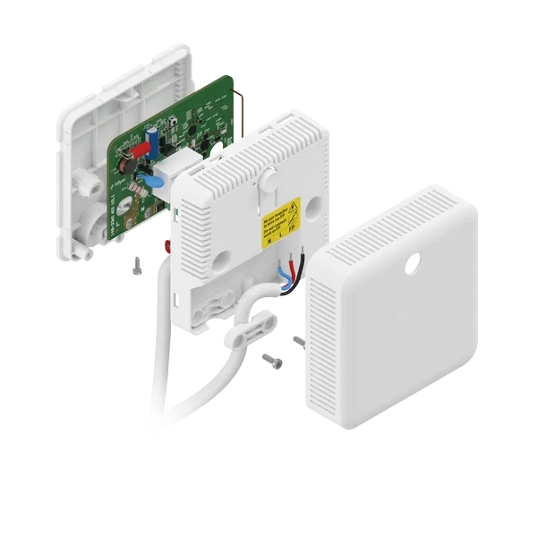 Actuador Calefacción Eléctrica Zigbee NodOn FPS-4-1-00 - vista despiezada con bornas N, L, FP